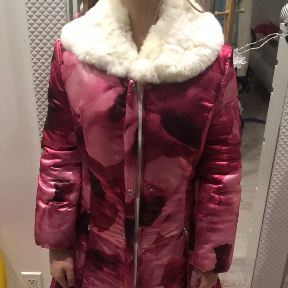 Cute pink winter jacket with rabbit fur collar